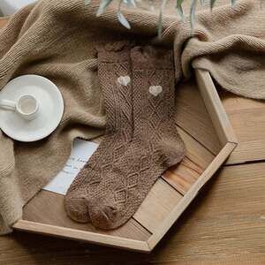 Heart And Diamond Pattern Tube Socks In Brown